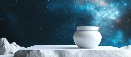 Poster - White ceramic jar on minimalist stone pedestal with vast cosmic background and ample blank space for text or branding.