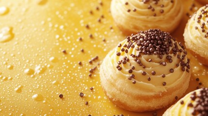 Aufkleber - Top view of glazed donuts with chocolate sprinkles on vibrant yellow background perfect for food-related text or advertising.