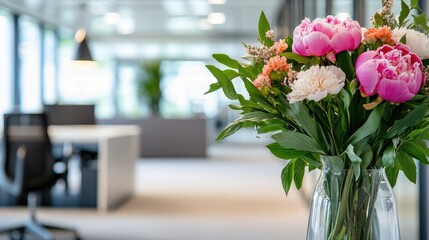 Aufkleber - Vibrant peony bouquet enhancing a modern office environment with fresh colors and contemporary design elements.