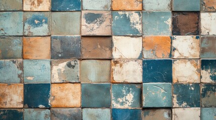 Poster - Worn Brown and Blue Vintage Patchwork Tiles on Cement Wall Texture with Blank Space for Creative Text and Design Applications