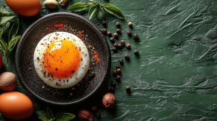 Poster - Top view of a vibrant egg yolk surrounded by spices and herbs on a textured green surface with space for text or branding