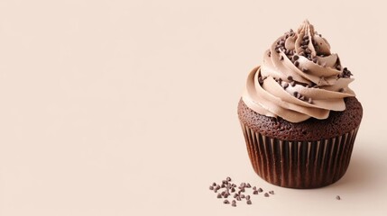 Poster - Triple Chocolate Cupcake Topped with Chocolate Sprinkles on Neutral Background Ideal for Text Overlay and Culinary Promotions