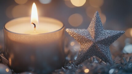 Aufkleber - Festive candle with silver star decoration creating a cozy Christmas atmosphere with bokeh lights and space for personalized greeting text