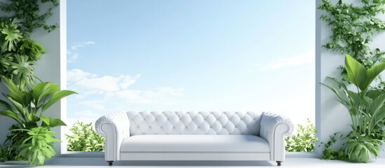 Poster - Elegant white leather sofa by panoramic window overlooking vibrant greenery and a clear blue sky, with ample empty space for text placement.