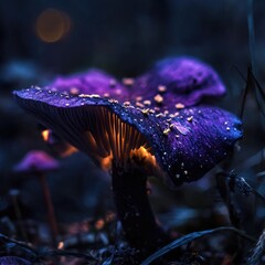 Fototapete - Macro View of Vibrant Purple Fire Mushroom Illuminated in Dark Forest Setting Surrounded by Lush Moss and Foliage at Night