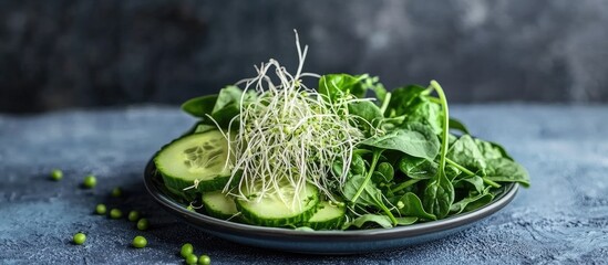 Poster - Fresh green salad with spinach avocado cucumber and pea sprouts on a dark background Healthy vegetarian dish with space for text