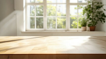 Poster - Serene bright kitchen with empty countertop bar and warm window light showcasing a clean and spacious atmosphere perfect for cooking.