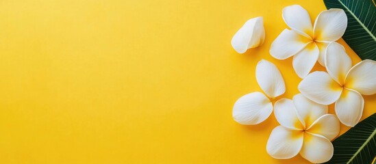 Poster - White Plumeria Flowers on Vibrant Yellow Background with Space for Text and Leaves for Design and Decoration Purposes