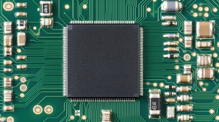 Poster - Close Up Image of a Microchip on a Circuit Board with Green Background and Empty Space for Text or Design Elements