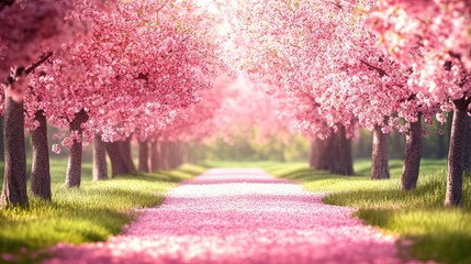Aufkleber - Serene Cherry Blossom Pathway in Blooming Spring Orchard with Vibrant Pink Petals and Lush Green Grass