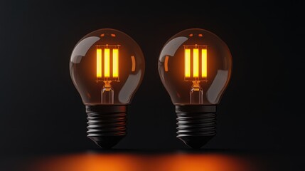 Poster - Two LED bulbs one illuminated orange and one off on a black background showcasing electric light and energy concepts