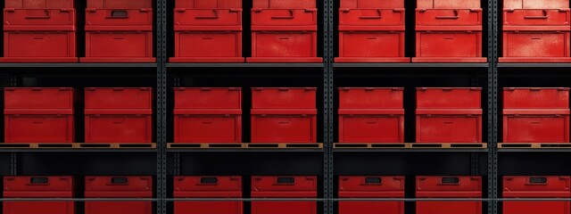 Poster - Warehouse shelf featuring vibrant red storage boxes in a distribution center with ample empty space for text or additional information.