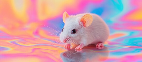 Poster - White mouse on vibrant psychedelic background with colorful swirls ideal for creative designs and text overlay space.