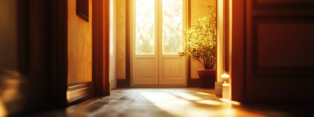 Poster - Cozy Hallway with Warm Light Open Doorway and Spacious Copy Area for Text