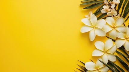 Aufkleber - Vibrant Yellow Background with Tropical Flowers and Leaves Perfect for Creative Design Projects