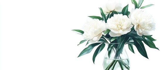 Poster - Elegant white peonies in a clear vase with green leaves against a white background featuring ample empty space for text or design elements