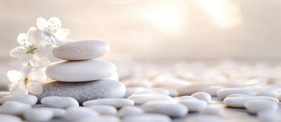 Poster - Decorative white pebbles stacked with soft lighting and empty space for text ideal for wellness or minimalist design concepts.