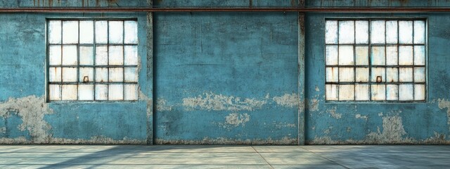 Poster - Desolate warehouse office interior featuring azure walls and large windows with ample copy space for text and branding opportunities.