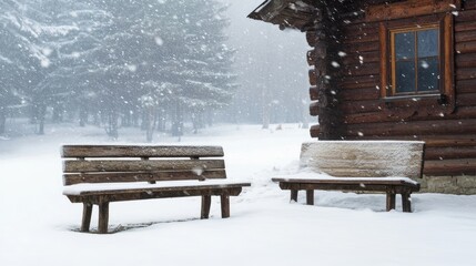 Aufkleber - Serene winter scene with empty wooden benches and snow falling near a cozy rustic cabin in a tranquil snowy landscape