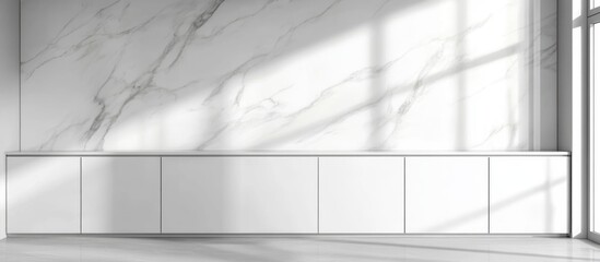 Poster - Modern kitchen interior with white glossy cabinets and spacious wall area for creative text placement and design inspiration.