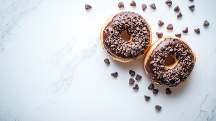 Poster - Chocolate frosted donuts with chocolate chips on a marble surface ideal for food photography and dessert-themed designs