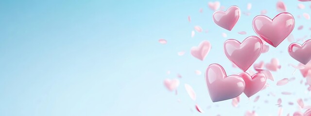 Poster - Warm Pink Hearts Floating on Light Blue Background with Generous Copy Space for Text and Creative Design Opportunities