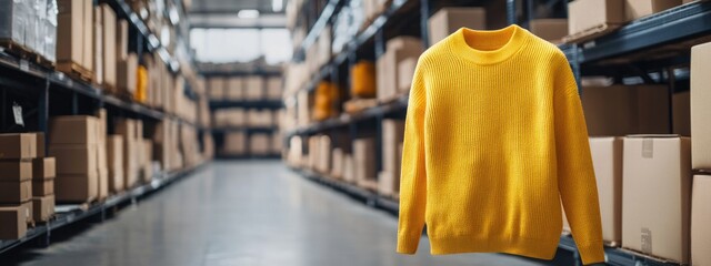 Poster - Warehouse interior featuring stacked boxes and a prominent yellow sweater with ample copy space for promotional text and branding.