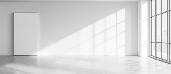 Poster - Minimalistic White Living Room Interior with Large Windows and Mock Up Wall Space for Text or Artwork Display