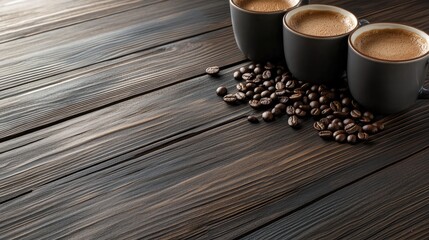 Poster - Cups of coffee with roasted beans on a dark wooden surface ideal for morning beverage and breakfast themes with ample copy space