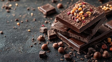 Aufkleber - Assorted gourmet chocolates with toppings on dark background ideal for advertisements or culinary promotions featuring empty space for text