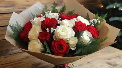 Aufkleber - Vibrant red and white rose bouquet elegantly wrapped in paper on rustic wooden surface with greenery accents