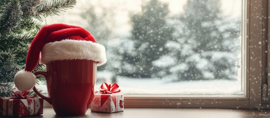 Poster - Cozy holiday scene with Santa hat mug by Christmas tree and gift boxes with snowy view through window perfect for seasonal promotions