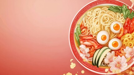 Poster - Traditional Chinese Big Plate Mixed Noodles with Fresh Ingredients and Empty Space for Text on Vibrant Background