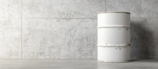 Poster - White Metal Barrel on Cement Floor with Ample Space for Custom Text or Branding in Industrial Setting