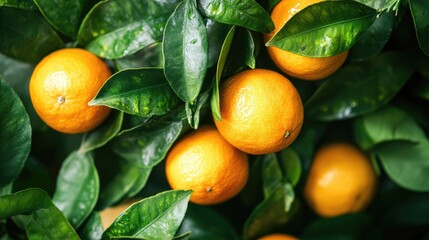 Vibrant oranges among lush green leaves highlighting the freshness and beauty of citrus fruits in a natural market setting