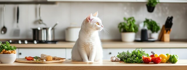 Poster - White cat sitting on kitchen table surrounded by fresh vegetables with empty space for text in modern kitchen setting