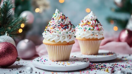 Aufkleber - Festively Decorated Cupcakes with Vanilla Frosting and Colorful Sprinkles on a Table with Christmas Ornaments and Soft Lights