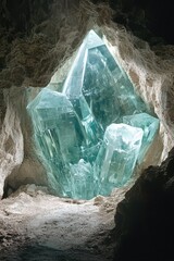 Poster - Large translucent crystal formation in a cave with rough rock walls and soft light shining through