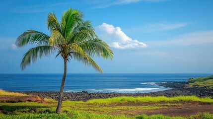 Aufkleber - Tropical beach scene featuring a solitary palm tree against a serene ocean landscape ideal for nature and travel promotional content