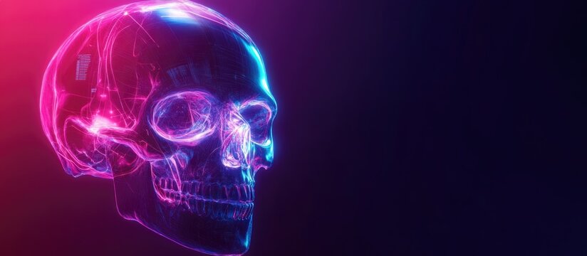 Futuristic digital skull with neon glow and cybernetic enhancements in a dark background with empty space for text placement