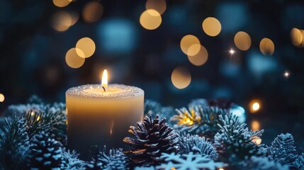 Canvas Print - Winter Celebration Candle with Sparkling Lights Pinecones and Snowflakes in a Cozy Atmosphere with Empty Space for Text