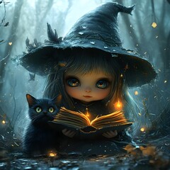 Poster - Young chibi witch with bright eyes reading a mystical book her black cat beside her in a dark forest shrouded in fog illuminated by flickering candlelight in a gothic and painterly style