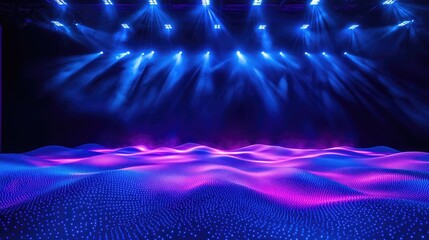 Poster - Dynamic Blue Waves Illuminated by Disco Lights on a Dark Background with Ample Copy Space for Creative Design