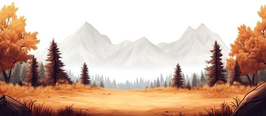 Poster - Majestic mountain scenery with autumnal coniferous forests and ample blank space for text integration in a serene natural setting