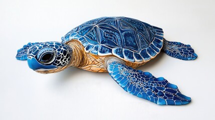 Poster - Colorful turtle sculpture adorned with detailed geometric patterns showcasing blue hues and artistic craftsmanship.