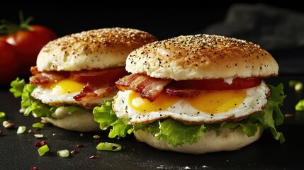 Poster - Savory egg and bacon muffins garnished with fresh lettuce and tomatoes set against a dark background for a delicious breakfast appeal