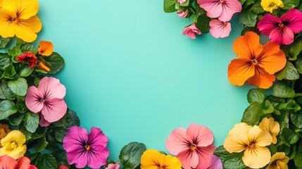 Poster - Colorful floral arrangement with vibrant seedlings and flowers on a teal background perfect for adding text or captions.
