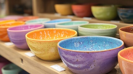 Poster - Colorful ceramic bowls arranged in a store display showcasing vibrant hues and artistic designs for home decor and table setting.