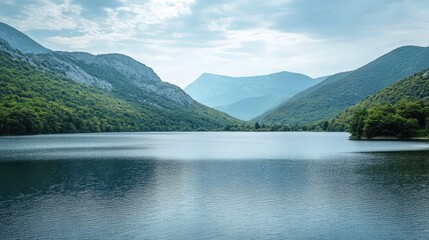 Aufkleber - Scenic mountain landscape with serene lake and lush greenery ideal for nature themes and tranquil backgrounds