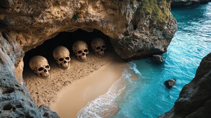 Poster - Aerial Perspective of Sandy Beach with Unique Ancient Cave Revealing Skull Artifacts and Clear Pacific Ocean Waters in High Quality Image